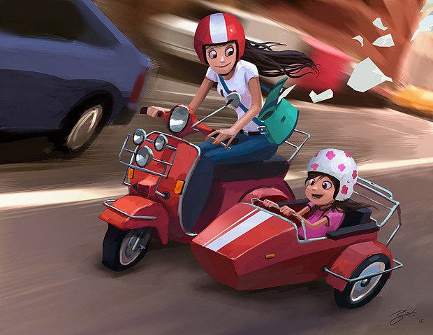 ilustración digital niñas en moto