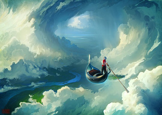 ilustración canoa en el cielo