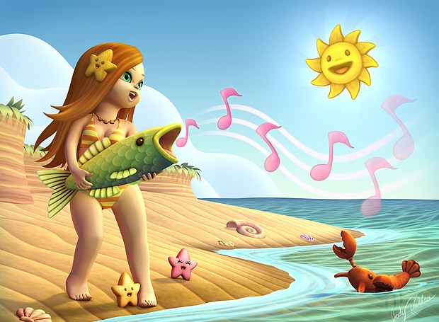 ilustraciones 2D niña pez cantando